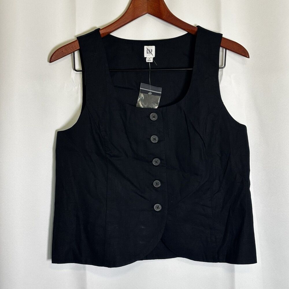 GAP Womens Black Linen Blend Scoop Neck Vest Waistcoat Sz S Quiet Luxury Capsule